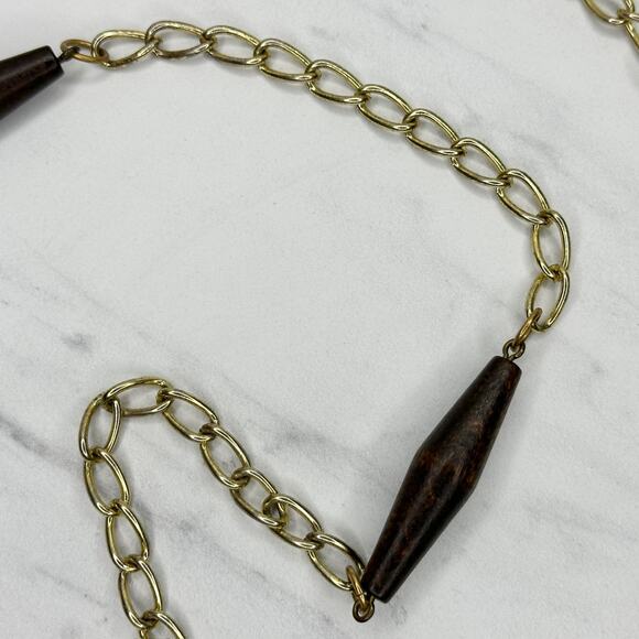 Wood Beaded Gold Tone Metal Chain Link Belt One Size (OS) ✨ - Picture 11 of 12